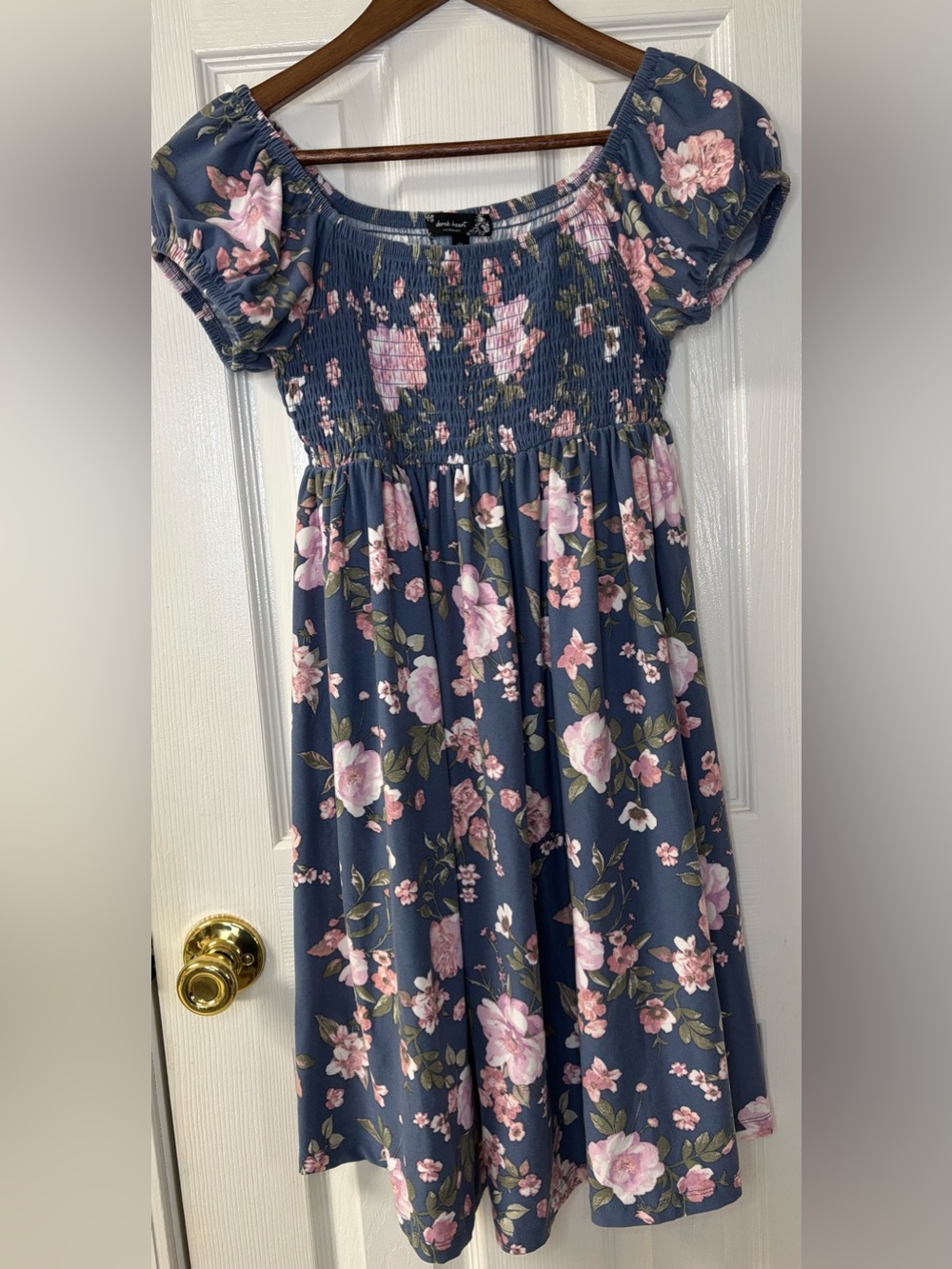 Derek Heart Blue Floral Smocked Maternity Dress with Pink Blooms